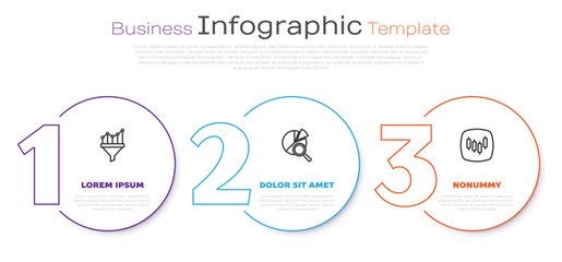 Set line Sales funnel with chart, Search data analysis and Browser stocks market. Business infographic template. Vector