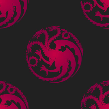Seamless pattern of red three-headed dragon as symbol of house Targaryen for series House of the Dragon. Endless repeating texture for printing on package, wrappers, textile, envelopes, cards or cloth
