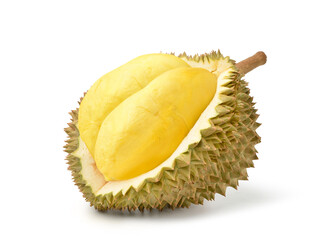 Durian fruit cut in half  isolated on white background. Clipping path.