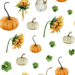 Watercolor seamless pattern with pumpkins and yellow sunflowers isolated on white background. Gardening. Hand-drawn autumn fall floral backdrop for fabric, clothing, wrapping paper, decor