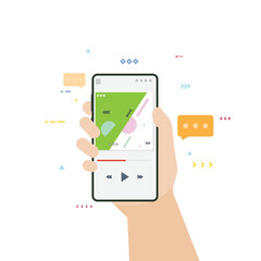 Musical or audiobook app on phone with player cover. Audio books and music listening. Hand holding smartphone with book app. Flat style vector illustration. Phone and audio illustration.