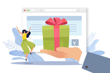 Gift for participants of online stores, marketing promotion. Happy customer, hand hold present box, web site screen background. Advertising banner. Vector cartoon flat e-commerce concept