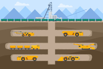 Isometric construction underground and open pit mining quarry. Factories or industrial plants, heavy industry. Equipment for high-mining industry. Excavator, truck for haul, dump - obrazy, fototapety, plakaty