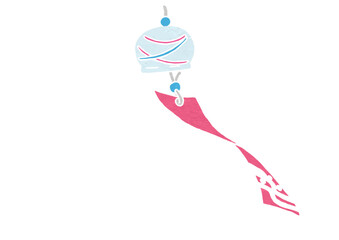 揺れるピンク色紙の風鈴の横視点イラスト（版画風）