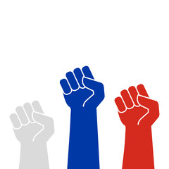 White, blue and red protest fists. Rised hands. Flat vector illustration isolated on white background.