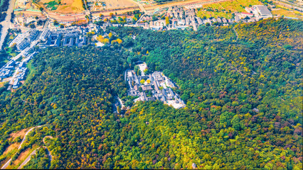 Aerial photography of Qixia Temple Scenic Spot in Qixia Mountain, Nanjing City, Jiangsu Province, China in autumn