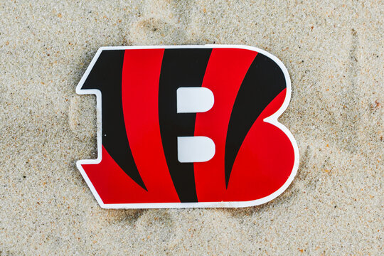 September 15, 2021, Moscow, Russia. The emblem of the Cincinnati Bengals football club on the sand of the beach.