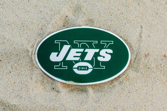 September 15, 2021, Moscow, Russia. The Emblem Of The New York Jets Football Club On The Sand Of The Beach.