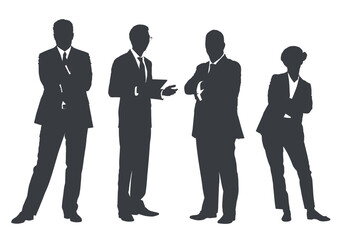 Business people group gray silhouettes pose on white background, flat line vector and illustration.