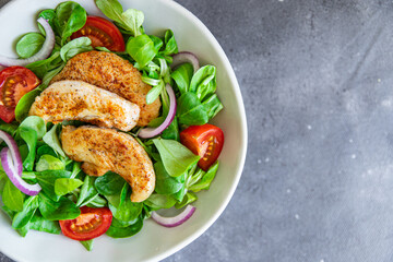 chicken salad vegetable, green lettuce leaves cuisine fresh healthy meal food snack diet on the table copy space food background