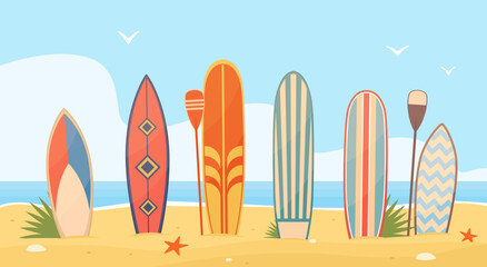 Surfboards on sand. Patterned sea boards in row on beach, ocean surfing items, hawaiian vacation, wave catchers, summer sport type, front view nowaday vector cartoon flat isolated concept - obrazy, fototapety, plakaty
