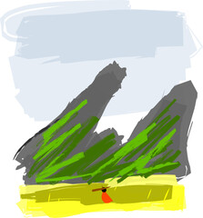 Landscape painting, traveler, mountain, wheat field, sky. 
