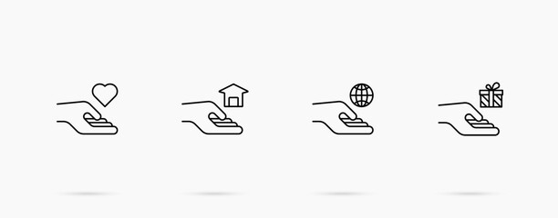 Charity and help vector line icon set. Heart, house, planet, and gift box in hand vector icons