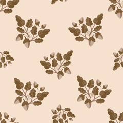 Modern oak leaf acorn vector seamless background pattern. Hand-drawn groups of leaves and acorns on light backdrop. Earthy fall foliage in ochre, green. Autumn design for thanksgiving, packaging. © Gaianami  Design