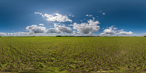 full seamless 360 hdri panorama view among farming fields with sun and clouds in overcast sky in...