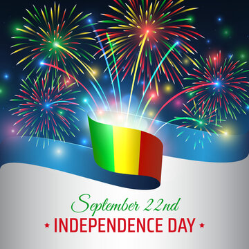 September 22, mali independence day, vector template with flag and colorful fireworks on blue night sky background. Mali national holiday september 22nd. Independence day card
