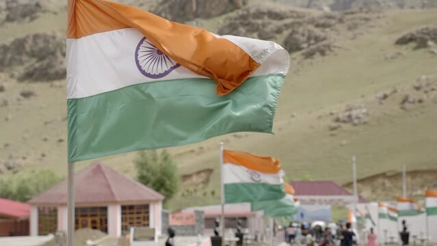 National Indian Flags Waving At Kargil War Memorial In Dras, Ladakh India. Slow Motion