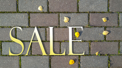 Fototapeta premium Inscription Sale on background of brick road with sprouted grass between it and yellow autumn leaves. Top view, flat lay
