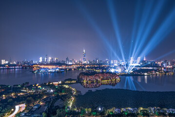 Fototapeta premium Aerial photography of Xuanwu Lake Scenic Spot and Greenland Zifeng Building in the distance, Nanjing City, Jiangsu Province, China