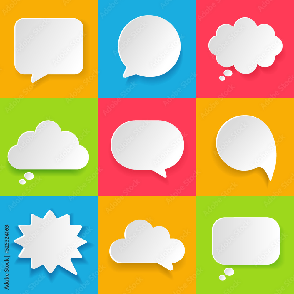 Poster white blank speech bubbles, speak balloon, thinking balloon, chatting box, message box set on colorf