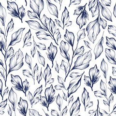 Seamless pattern on white background. Composition with blue leaf with blossom. Tattoo design