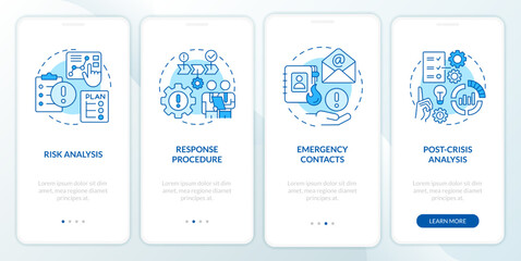 Crisis management plan blue onboarding mobile app screen. Walkthrough 4 steps editable graphic instructions with linear concepts. UI, UX, GUI template. Myriad Pro-Bold, Regular fonts used