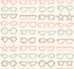 Multicolor Fashionable accessories. Hand Drawn Doodle Glasses Seamless pattern. Different shapes sunglasses, eyeglasses - Vector illustration