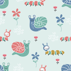 Seamless patten with caterpillars, snails and flowers. Can be used for kids clothes design, prints and posters.