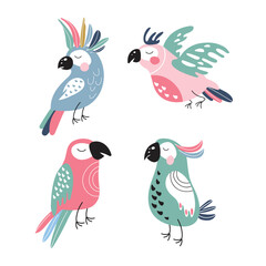 Cute cartoon parrots. Can be used for kids clothes design, prints and posters.