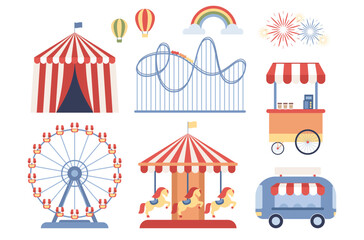Amusement park icon set. Roller coaster, carousel horses or merry-go-round, circus tent, ferris wheel, funfair carousels, hot air balloons. Vector flat illustration   © Marta Sher