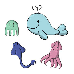 A set of colored icons, cute sea characters, a large whale, a stingray, a squid and a jellyfish, a vector cartoon
