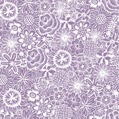Hand drawn doodle Flowers. Floral Seamless pattern - Vector illustration. Purple Floral background.