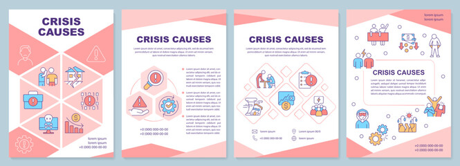 Crisis causes red brochure template. Business risks. Leaflet design with linear icons. Editable 4 vector layouts for presentation, annual reports. Arial-Black, Myriad Pro-Regular fonts used