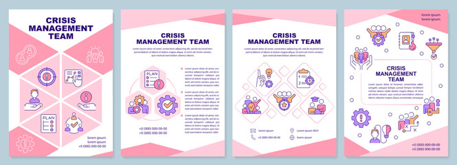 Crisis management team pink brochure template. Leaflet design with linear icons. Editable 4 vector layouts for presentation, annual reports. Arial-Black, Myriad Pro-Regular fonts used