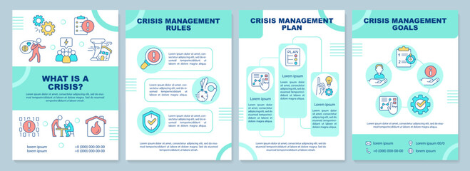 Crisis management process turquoise brochure template. Leaflet design with linear icons. Editable 4 vector layouts for presentation, annual reports. Arial-Black, Myriad Pro-Regular fonts used
