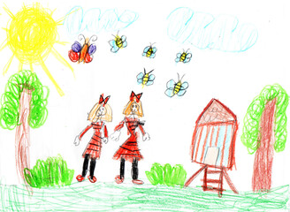 Child drawing of a happy friends on a walk outdoors