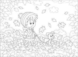 Cute little girl and her merry pup walking on fallen leaves around a park on a beautiful autumn day, black and white outline vector cartoon illustration for a coloring book page