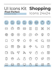 E commerce pixel perfect linear ui icons set. Retail shop. Purchasing experience. Platform for shopping. Outline isolated user interface elements. Editable stroke. Montserrat Bold, Light fonts used