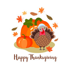 Cute turkey cartoon character Thanksgiving card template. Harvest theme. Fall design autumn greeting card design with funny turkey bird. Happy thanksgiving calligraphic text.