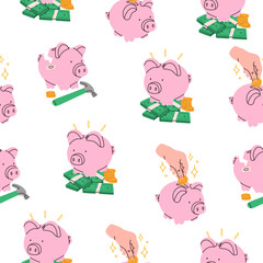 Piggy bank set. Piggy on a stack of money, hand putting coin into piggy bank, broken pig. Earning money, savings, investment, business advertising concept. Hand drawn Vector seamless pattern