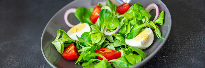 egg salad vegetable  tomato, onion, leaves lettuce green mix fresh healthy meal food snack diet on the table copy space food background 