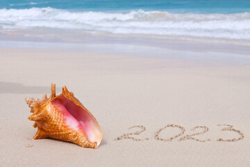 Fototapeta na wymiar New Year 2023 is coming concept on tropical beach with seashell