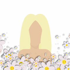 Image of a girl on a background with cheerful pink daisies