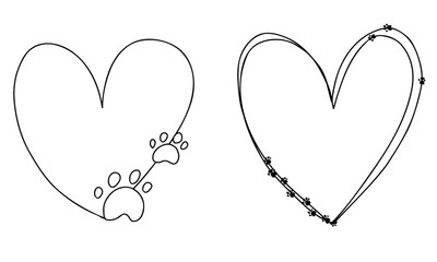 Cute doodle isolated paws frames hearts set, line hand drawn love. For dog, cat, bunny, pets collection.