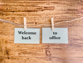 Back to Work Concept. Welcome back to office Message Written on Paper Notes on Wooden Background