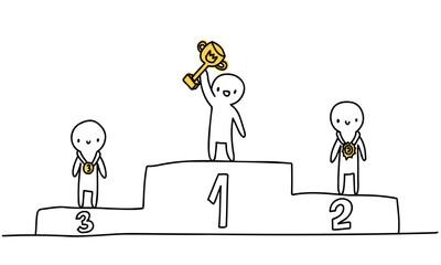 Postcard illustration with people, isolated background. Podium first place. Print, banner, brochure.