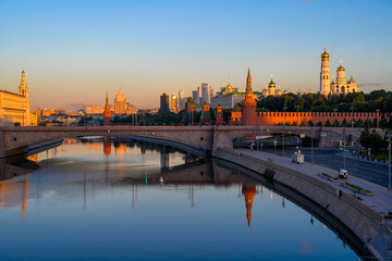 Moscow Kremlin and Moskvoretskaya embankment in Moscow, Russia. Architecture and landmarks of Moscow. Postcard of Moscow