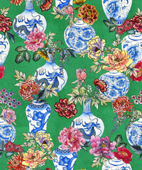 Blue Chinese vases with a bouquet of chrysanthemums, peonies, roses. Seamless pattern painted with watercolors with traditional oriental symbols - 525330907