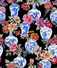 Blue Chinese vases with a bouquet of chrysanthemums, peonies, roses. Seamless pattern painted with watercolors with traditional oriental symbols