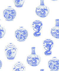 Blue Chinese vases. Seamless pattern painted with watercolor with traditional oriental symbols